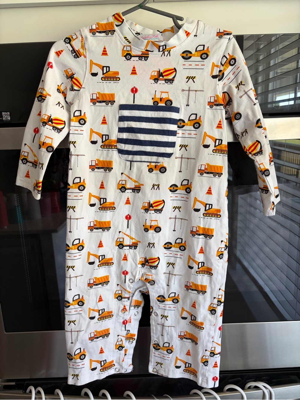 Construction Vehicle Print Footie One-Piece - White & Yellow